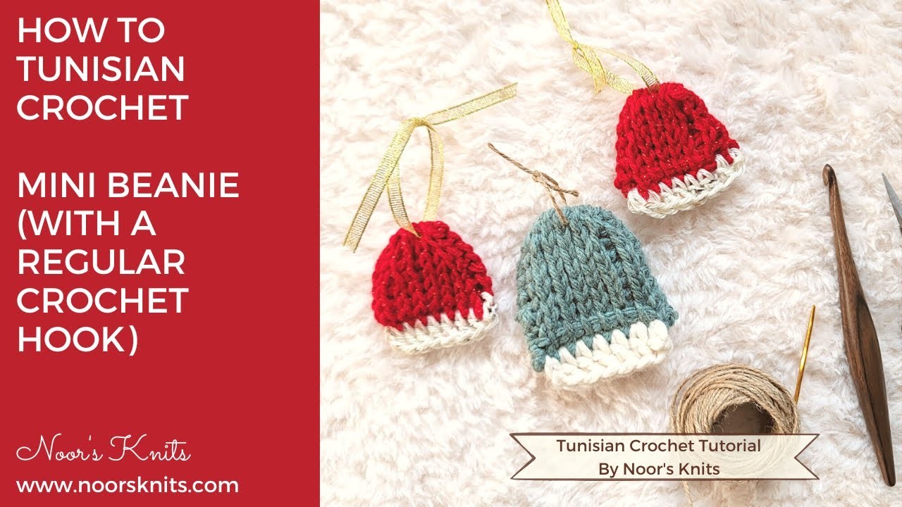 How to Tunisian crochet a mini beanie ornament, free crochet pattern, crochet ornaments