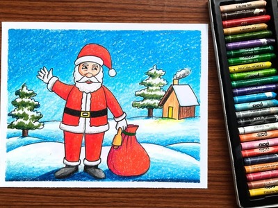 Santa claus drawing oil pastel colour | Christmas drawing easy for beginners