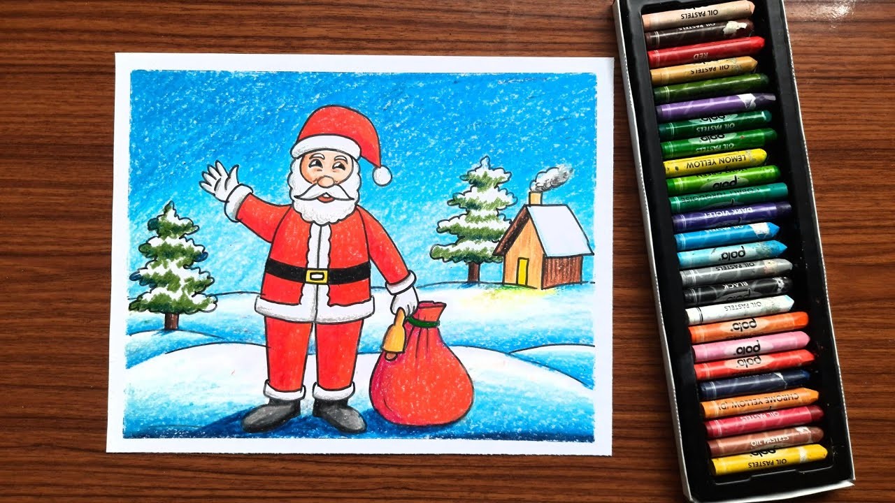 Santa claus drawing oil pastel colour | Christmas drawing easy for beginners