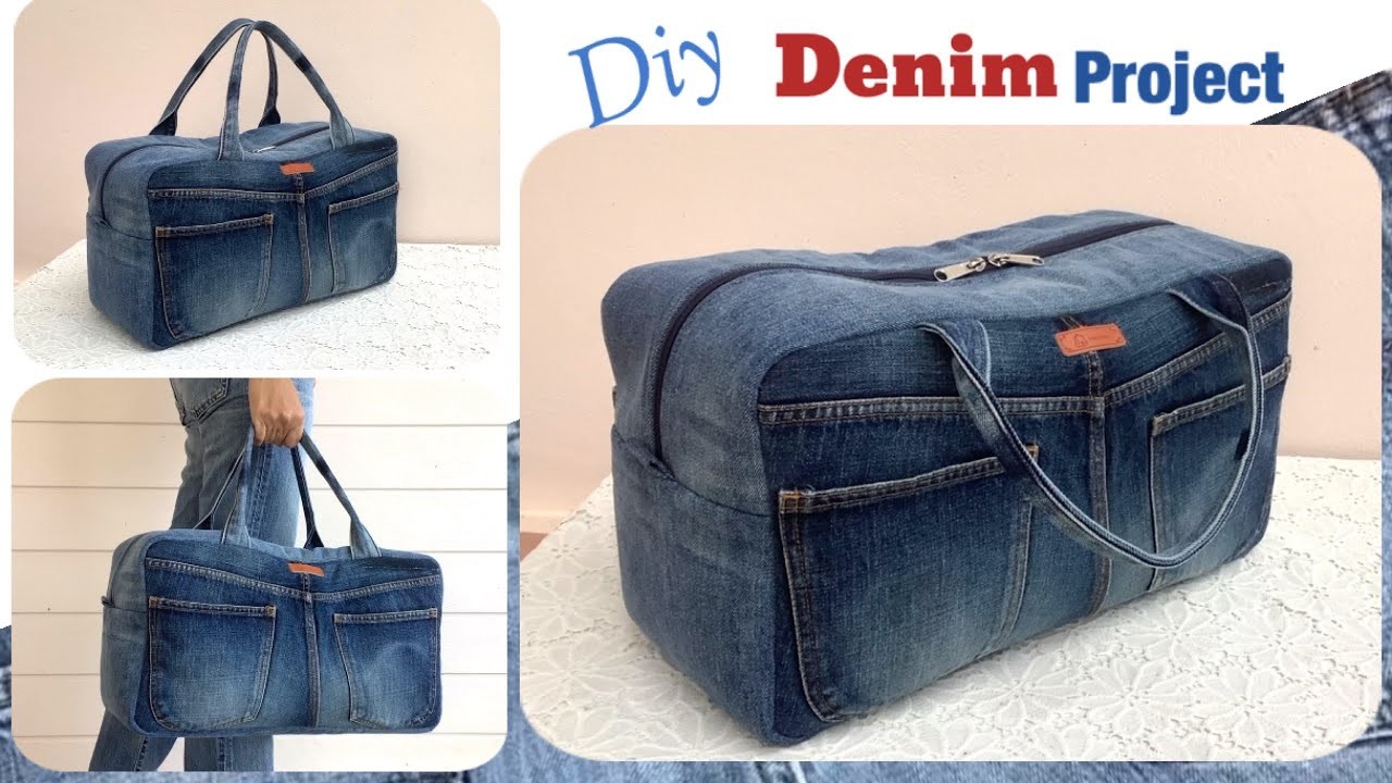 Diy a denim travel bag from old jeans, sewing diy a travel bag patterns, old jeans reuse ideas