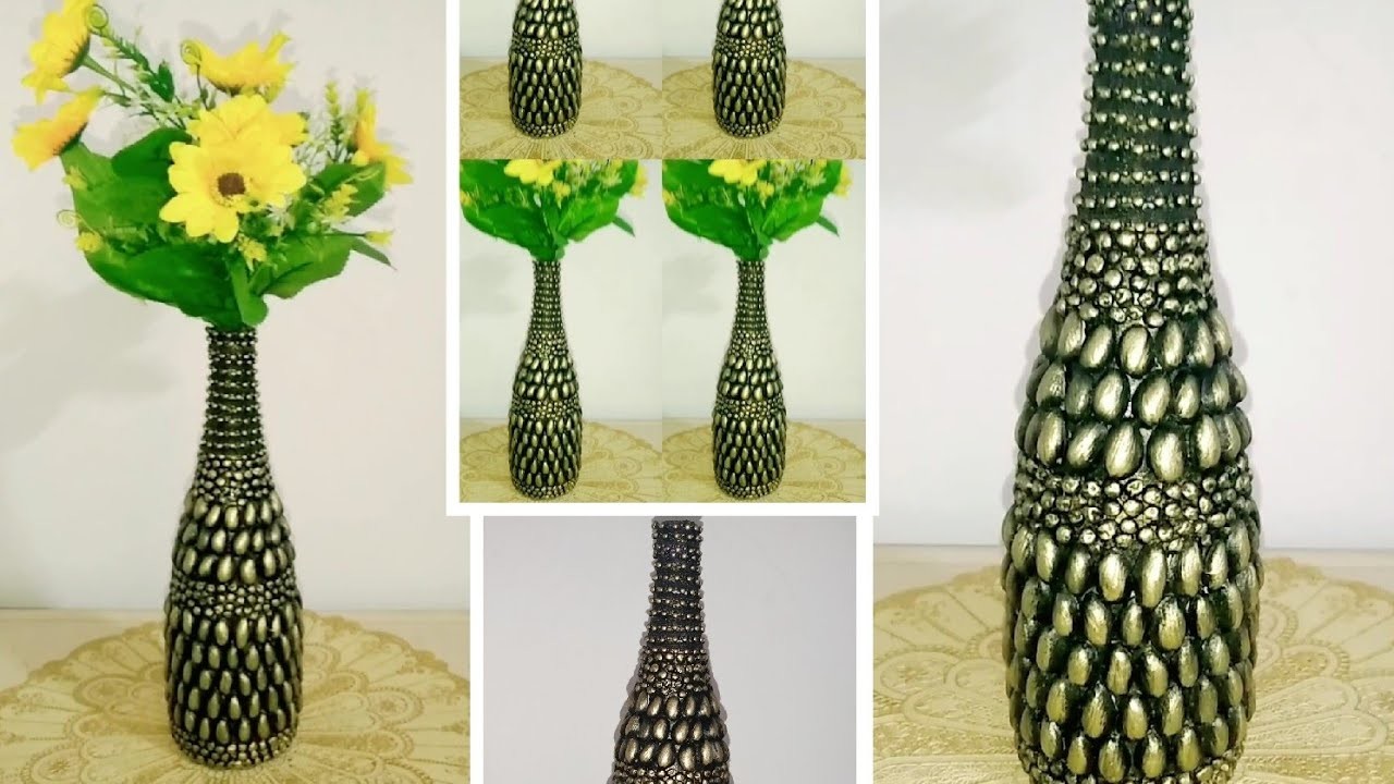 Diy bottle decoration.bottle flower pot.bottle art.metalic bottle. pistachio craft