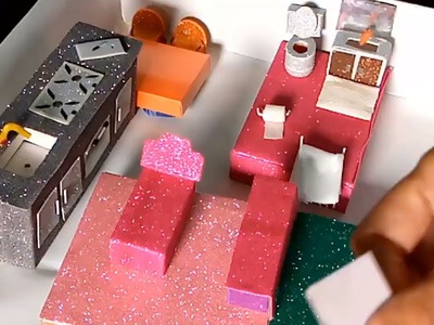 DIY Miniature Cardboard Doll House Make Pink For Kitchen, Bathroom, Bedroom.