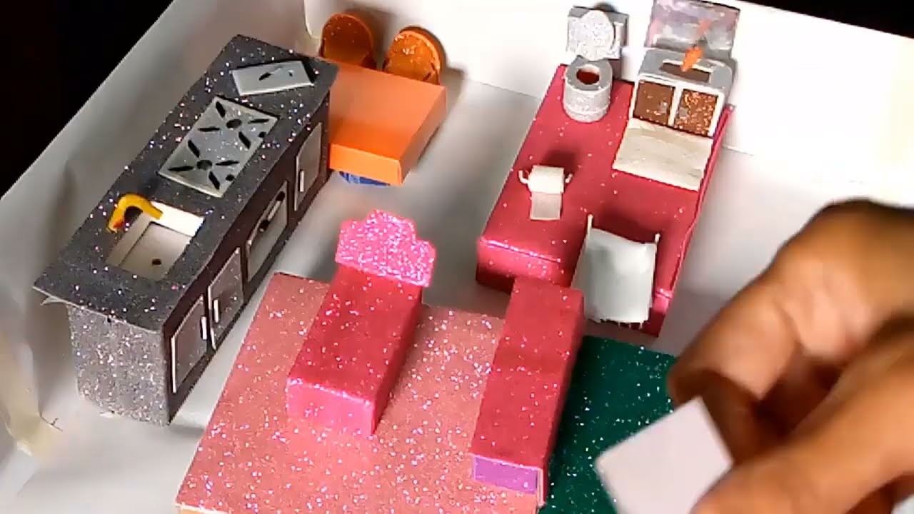 DIY Miniature Cardboard Doll House Make Pink For Kitchen, Bathroom, Bedroom.