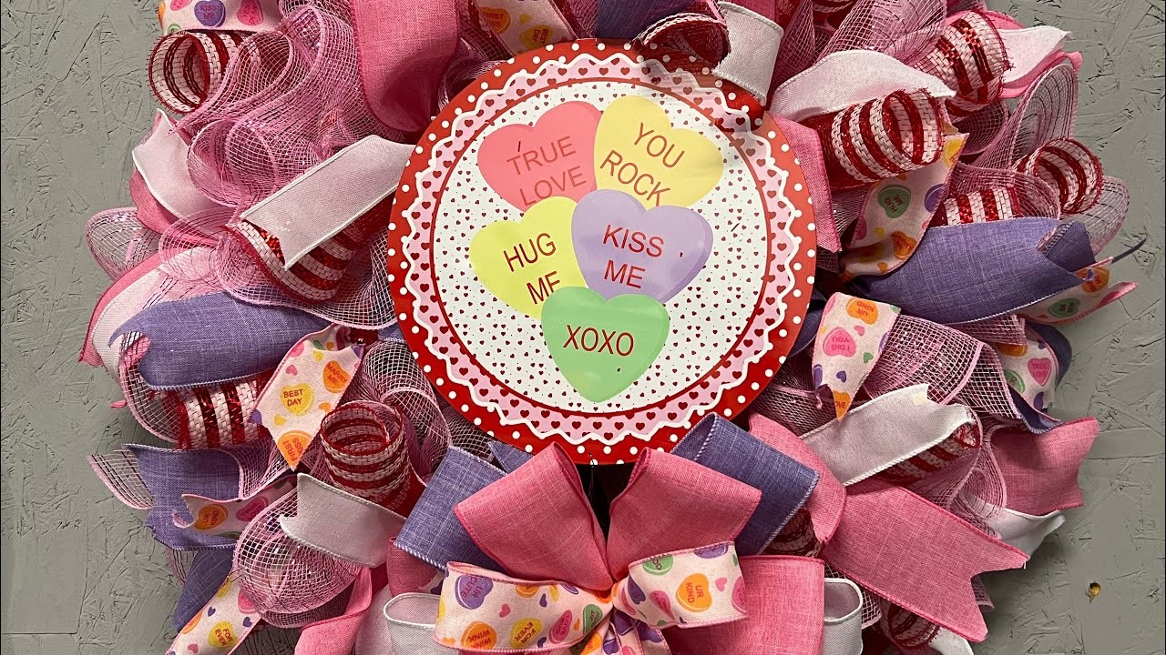 Valentines Candy Hearts Deco Mesh Wreath  |Hard Working Mom |How to