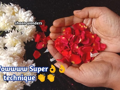 3 White samanthi and red rose petals bridal poola jada making at home.Wedding poola jada making