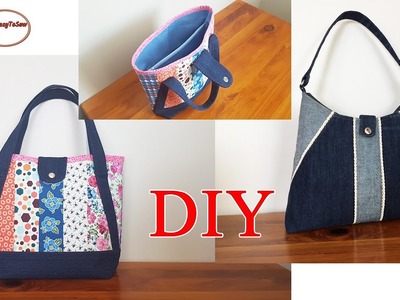 DIVIDER ZIPPER POCKET STRIPE PATCHWORK TOTE BAG | LACE AND UPCYCLED DENIM TOTE