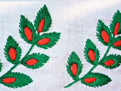 Hand Embroidery. Multi colour Leaf Embroidery. Leaf Border Embroidery. Beginners Embroidery