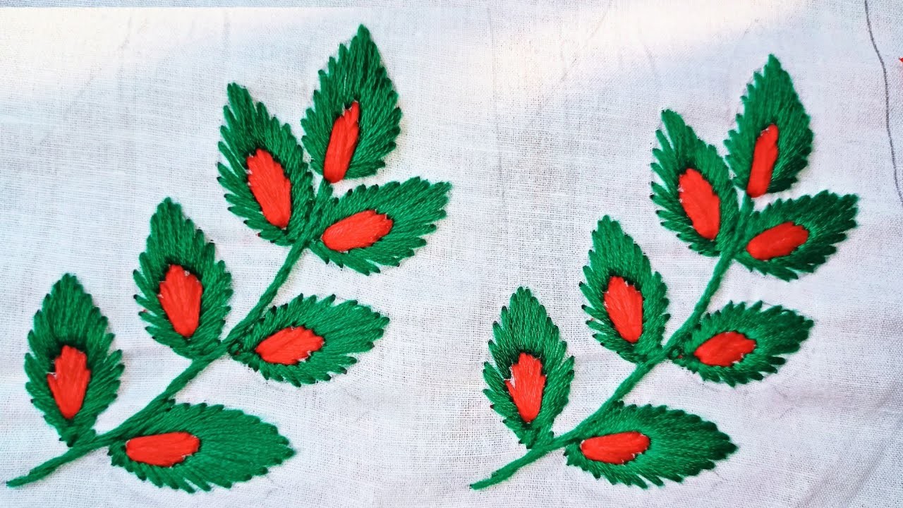 Hand Embroidery. Multi colour Leaf Embroidery. Leaf Border Embroidery. Beginners Embroidery