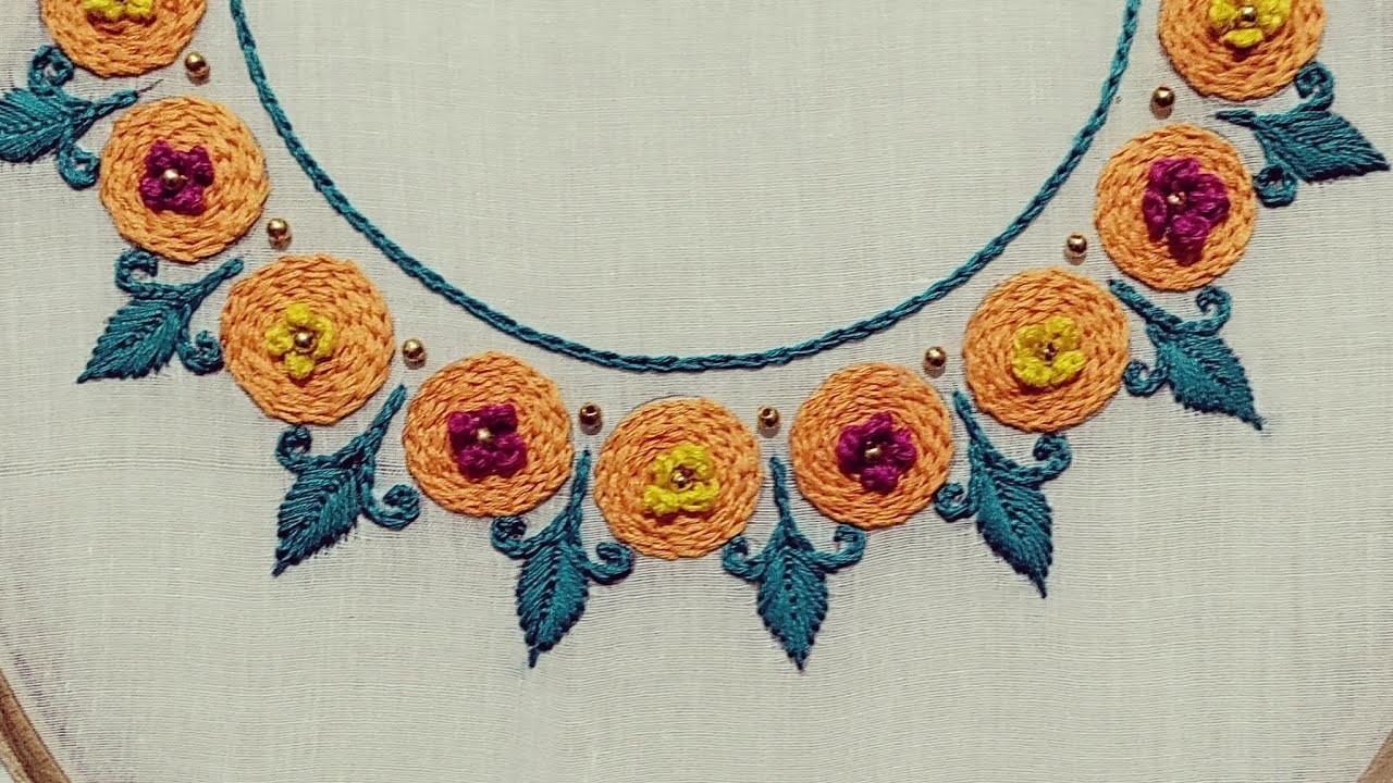 Hand Embroidery : Neckline Design. Chain Stitch