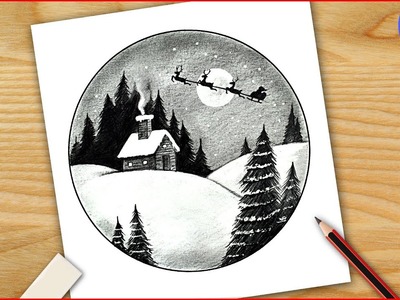 Christmas scenery drawing with pencil shading -Easy Christmas art