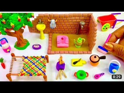 DIY How to Make Polymer Clay Miniature Village House, Washroom Set, Kitchen Set, Tree, Vegetables