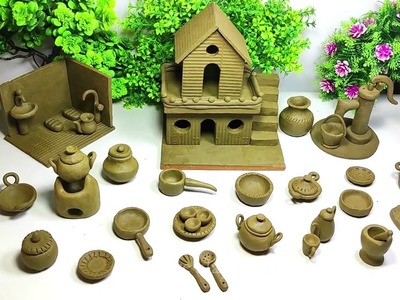 DIY How to make polymer clay miniature house, kitchen set, Bullock cart, Hand Pump, Tree |