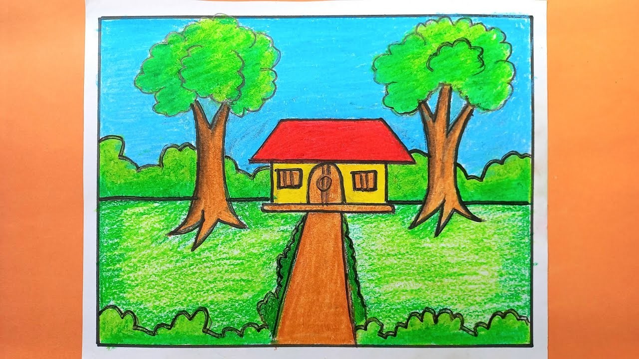 ঘড় আকা, Draw Village scenery for kids, গ্রামের দৃশ্য, How to draw