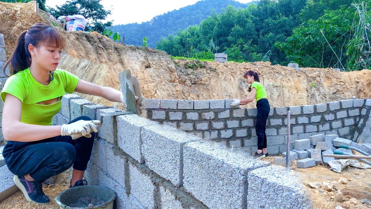 Full Video - 39 Day Build A Complete Pond Wall With DIY Brick - Live with nature - Ngân Daily Life