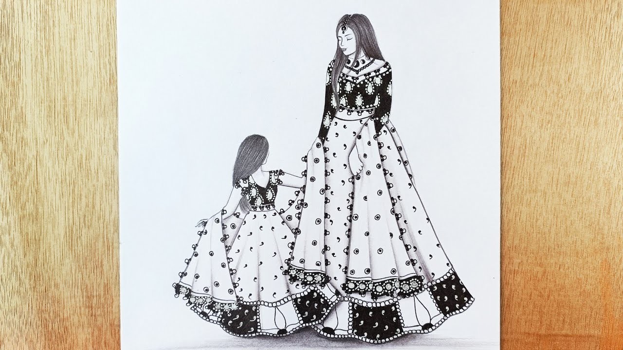 How to draw Mother and Daughter Wearing Matching Dress | Pencil sketch | mother and daughter drawing