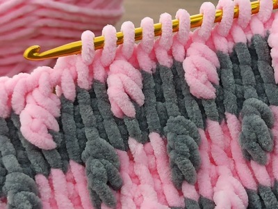 Wow two colors velvet rope with fluffy Tunisian crochet blanket model narration #tunisiancrochet