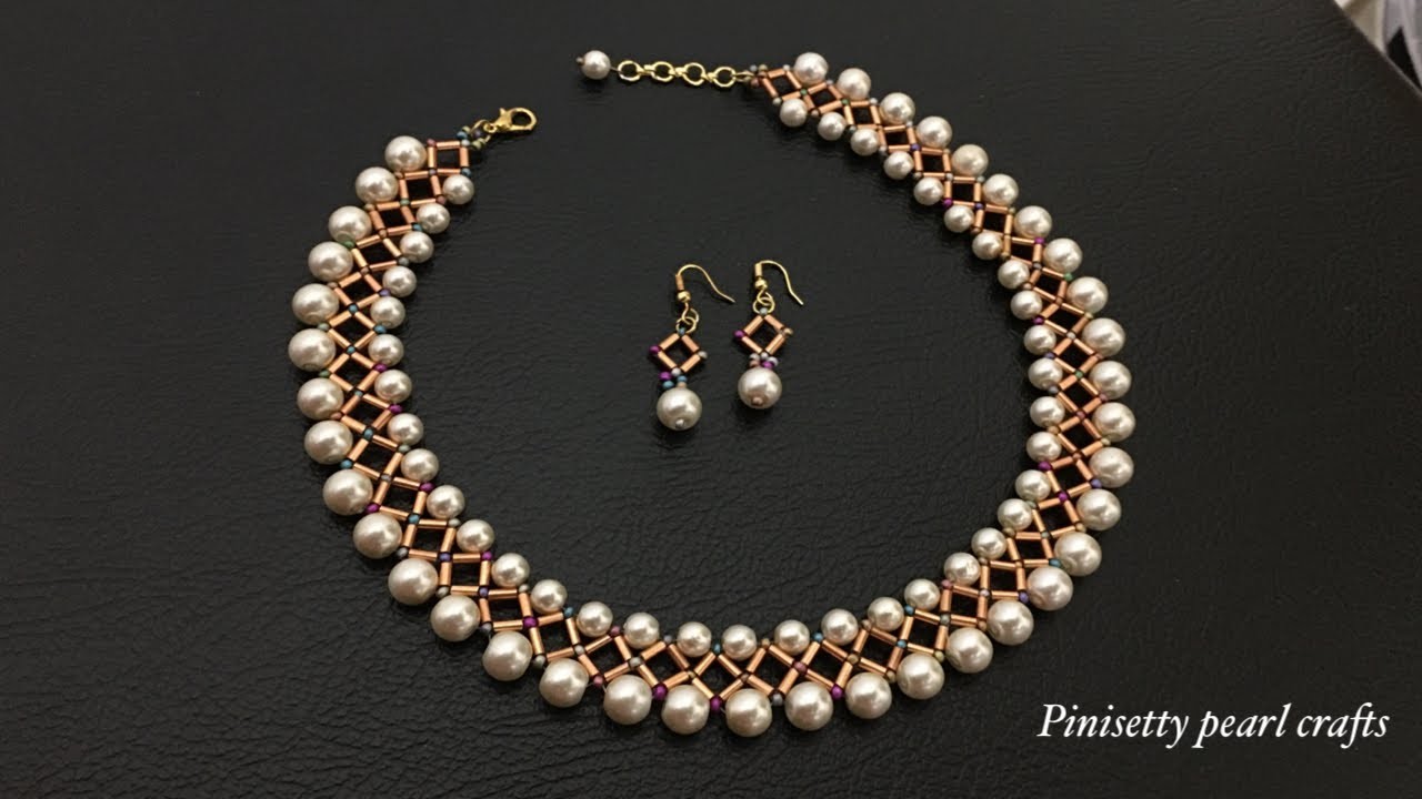 Bugle Beads Necklace Making.Pipe Beads With Pearl Necklace Set Tutorial.Beaded Wedding Jewelry.