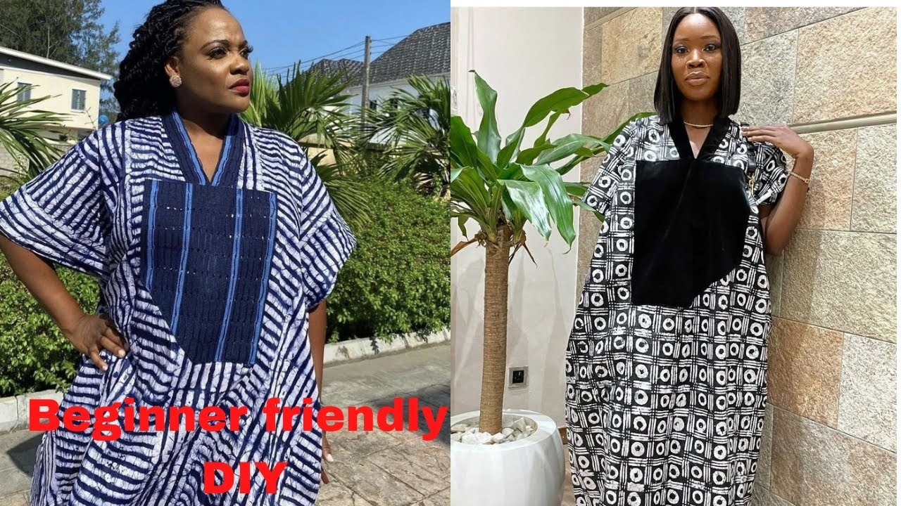 HOW TO CUT AND SEW BUBU GOWN WITH V - NECK COLLAR AND POCKET.TRENDY BUBU WITH ASO OKE COLLAR, DIY