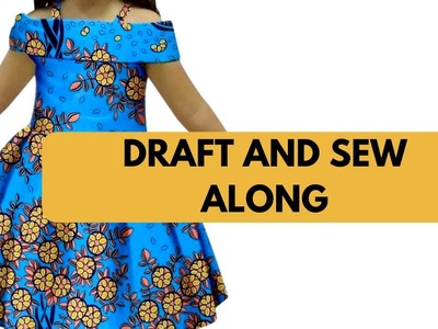 How to draft and sew a dress with an off shoulder cape collar and a strap for girls