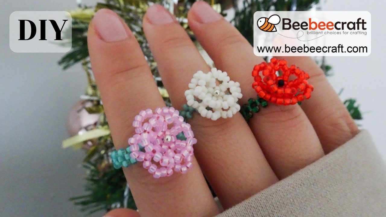 Rose Flower Ring.Beaded rose.how to make beaded ring.jewelry making Beebeecraft.com