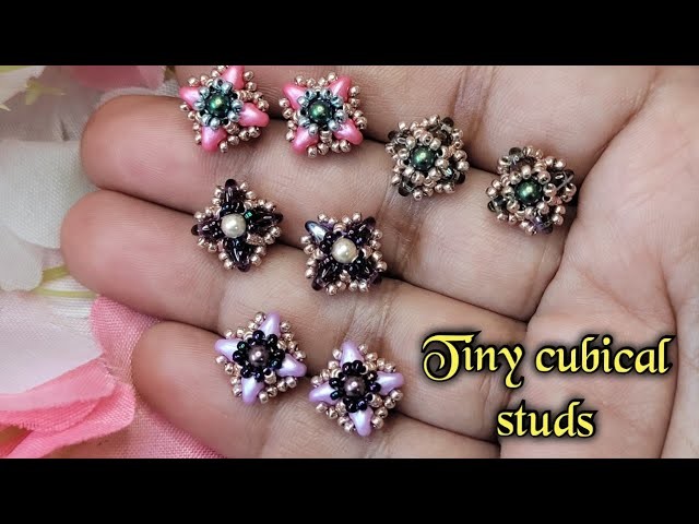 Tiny cubical stud earrings tutorial. DIY beaded superduo studs.beaded studs.beaded jewelry making