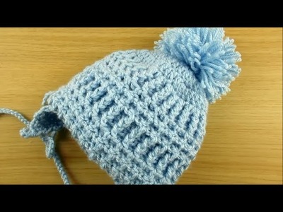 Crochet baby hat with ear flaps 6-12 months pom pom