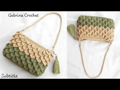 How To Crochet Crocodile Stitch Bag - Tas Rajut Motif Sisik Desain Terbaru (Subtitle)