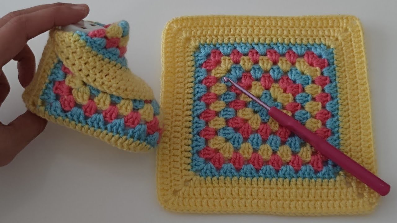Super easy crochet granny square baby shoes pattern for beginners - temperature baby booties crochet