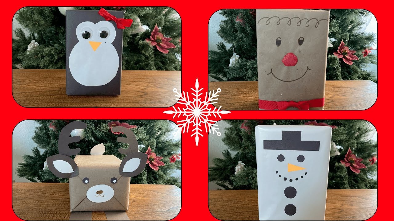 DIY Gift Wrapping! Ideas to Wrap Christmas Presents for kids. Dear, Pinguin, Snowman, Gingerbread