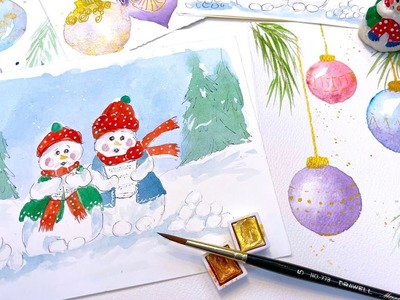 How to Sketch & Paint my Cute Watercolor Snowmen PLUS Christmas Tree Baubles using NEW easy method!