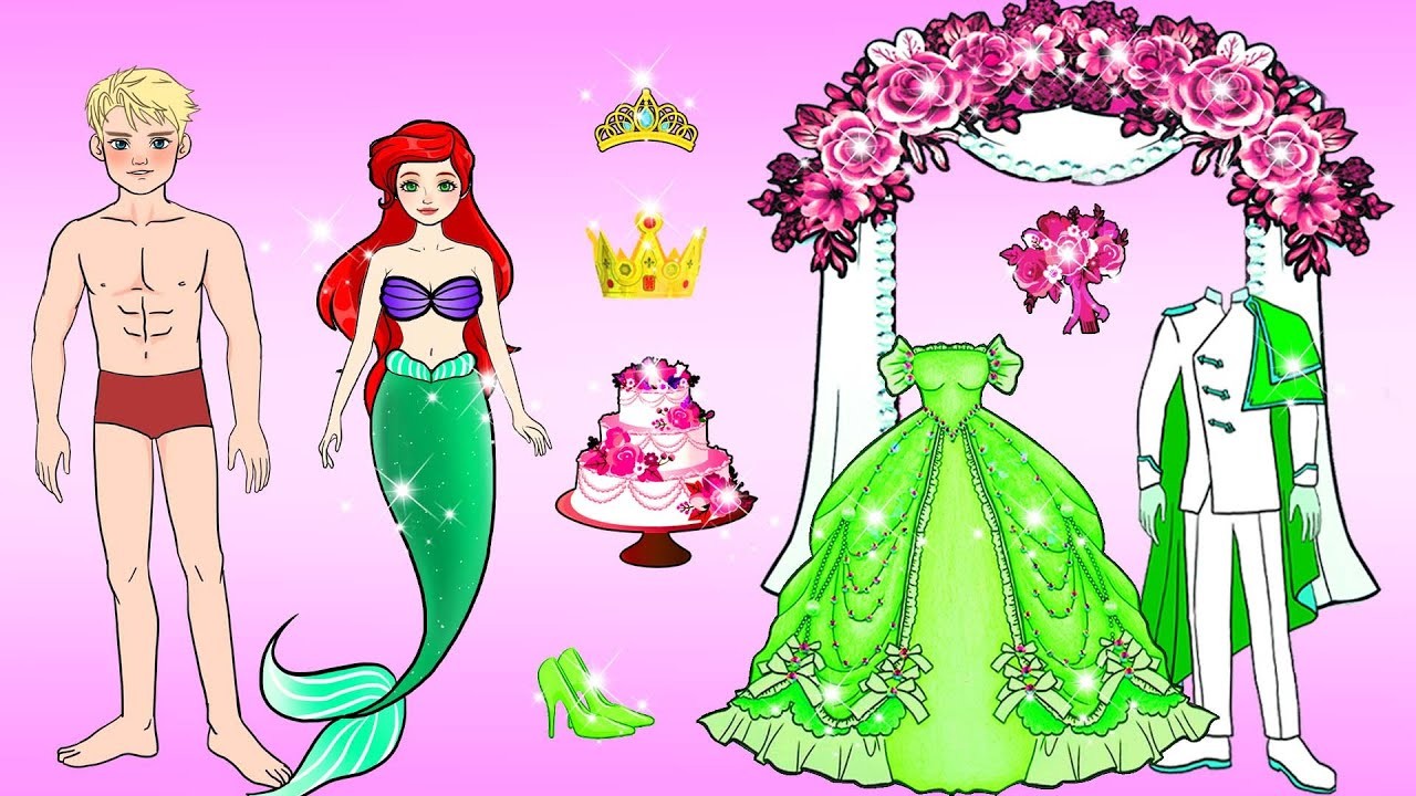 WOW! Paper Craft Ariel Mermaid Wedding Costumes Dress Up - Barbie Story & Crafts | WOA Doll Stories