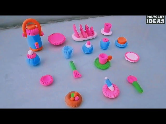 DIY How to Make Polymer Clay Miniature Kitchen Set, Water Cooler, Dinner Set