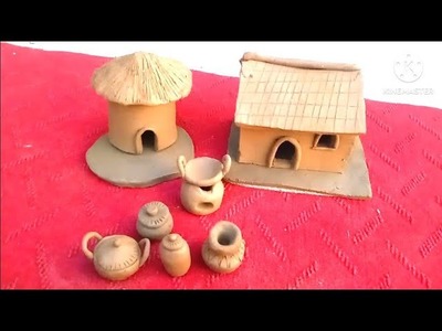 DIY How to make polymer clay house, kitchen set Bullock cart