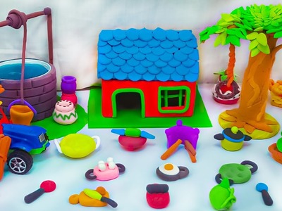 DIY How to Make Polymer Clay Miniature Village House, kitchen set, Tree, Water well, | Tractor