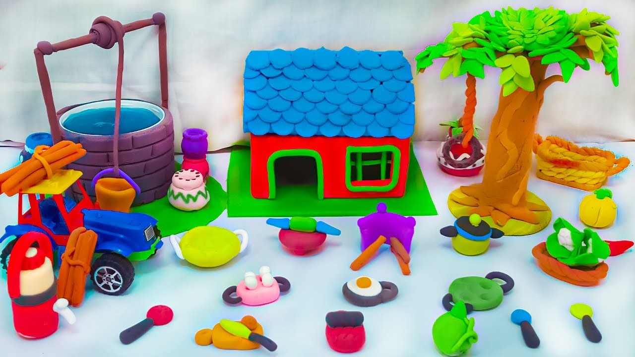 DIY How to Make Polymer Clay Miniature Village House, kitchen set, Tree, Water well, | Tractor