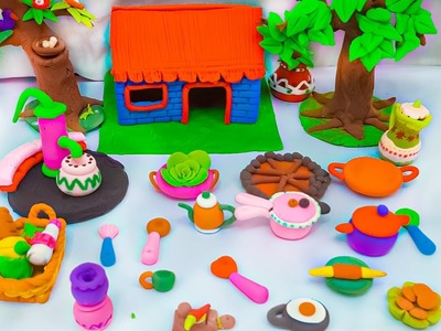 DIY How to Make Polymer Clay Miniature Village House, kitchen set, Tree, Hand Pump, | Village