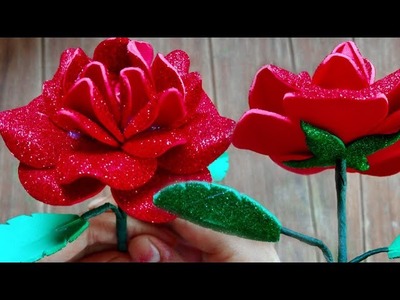 DIY Paper Flower Glitter Foam Super Easy | How to Make Rose Flower Craft | Glitter Paper Craft