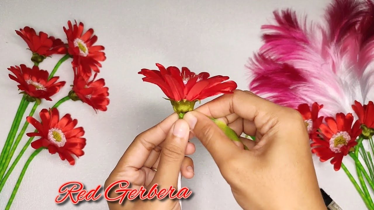 DIY | Red Gerbera Satin Ribbon Flower | membuat bunga dari Pita satin #craft #satinribbon