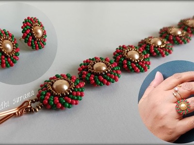 Easy Christmas Ornament Jewelry.Bracelet, Earrings & Ring with Seed beads.Pulsera, Aretes, Anillo