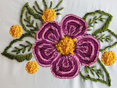 Hand Embroidery: A Big Flower Embroidery - Embroidery For Bedsheet - Kanzashi Flower Embroidery