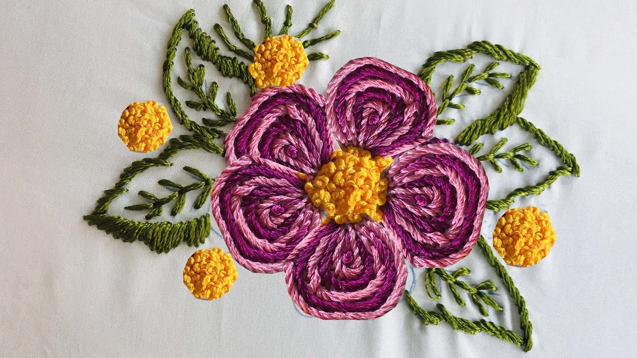 Hand Embroidery: A Big Flower Embroidery - Embroidery For Bedsheet - Kanzashi Flower Embroidery