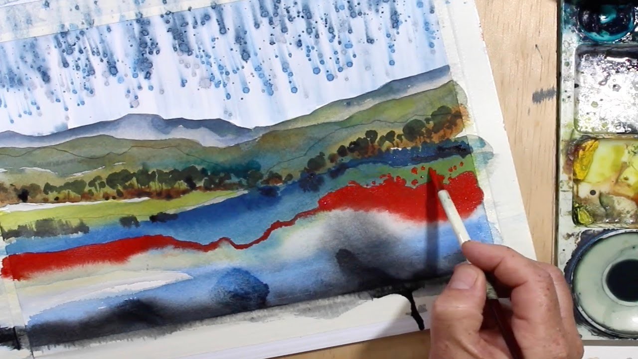 Intuitive Contemporary watercolor landscape painting, challenging but fun, mostly!