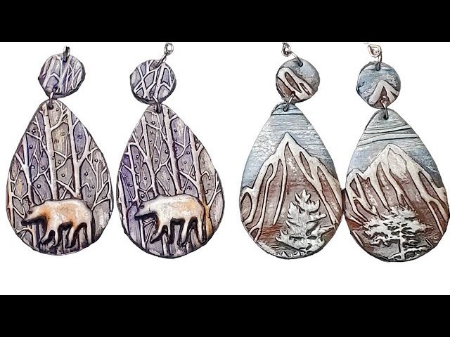 Polymer Clay Winter Theme Earring tutorial Day 4 - winter mountains - bears - woods