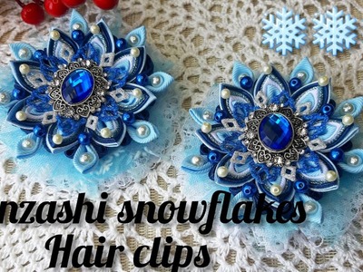 Snowflake . Kanzashi  Hair clip #ChristmasHairAccessory #WinterHairTie #BrightHairBow #WinterBow