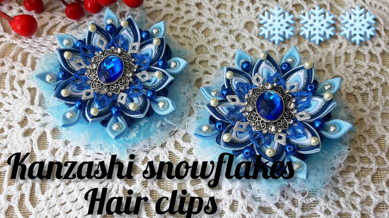 Snowflake . Kanzashi  Hair clip #ChristmasHairAccessory #WinterHairTie #BrightHairBow #WinterBow