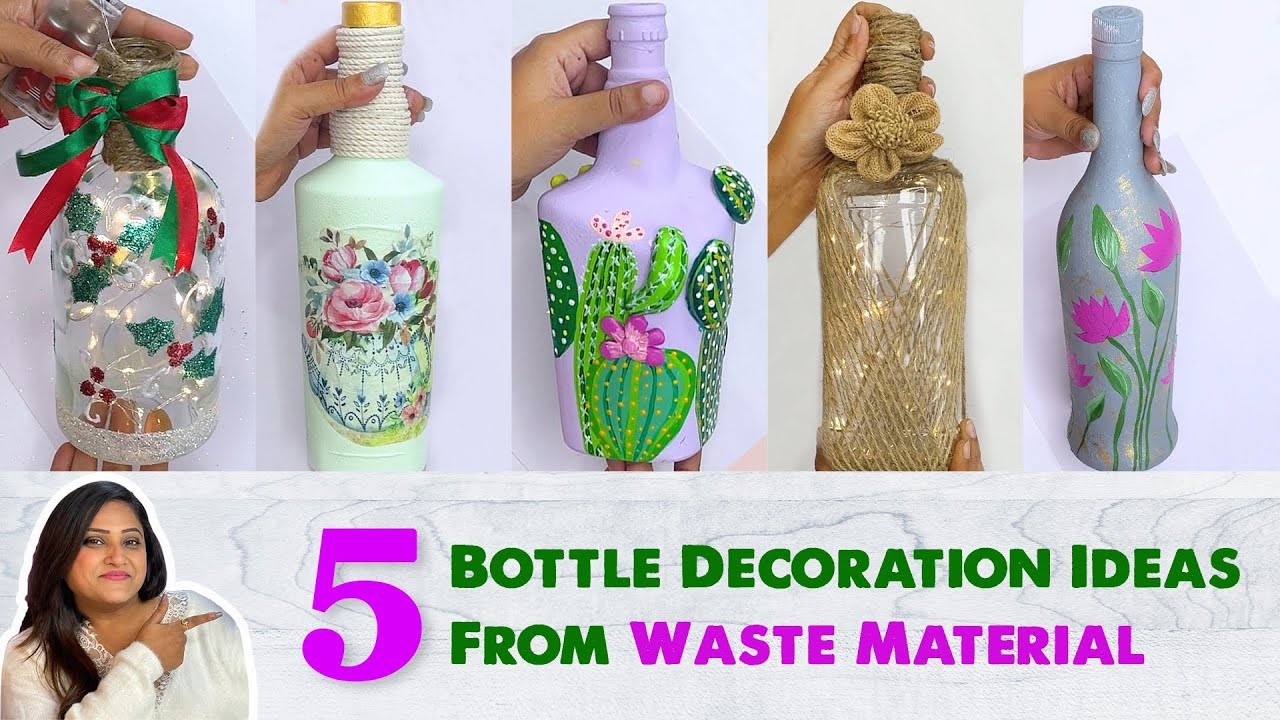 5 Bottle Decoration Ideas from Waste Material | DIY Bottle Art | Simple Glass Bottle Painting