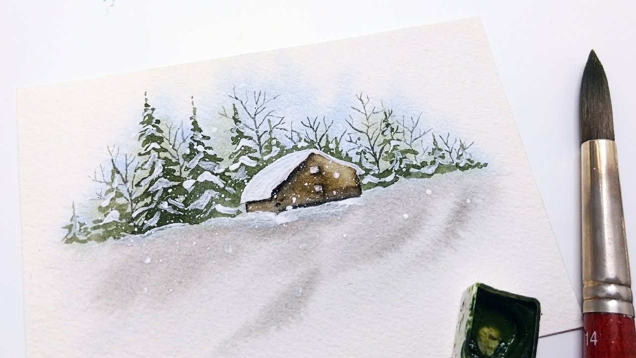 Beautiful WINTER forest cabin painting tutorial for beginners » Step by step watercolor evergreens