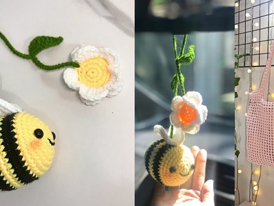Crochet car mirror hanging tutorial | ????Bee and flower???? | crochet bag accessory