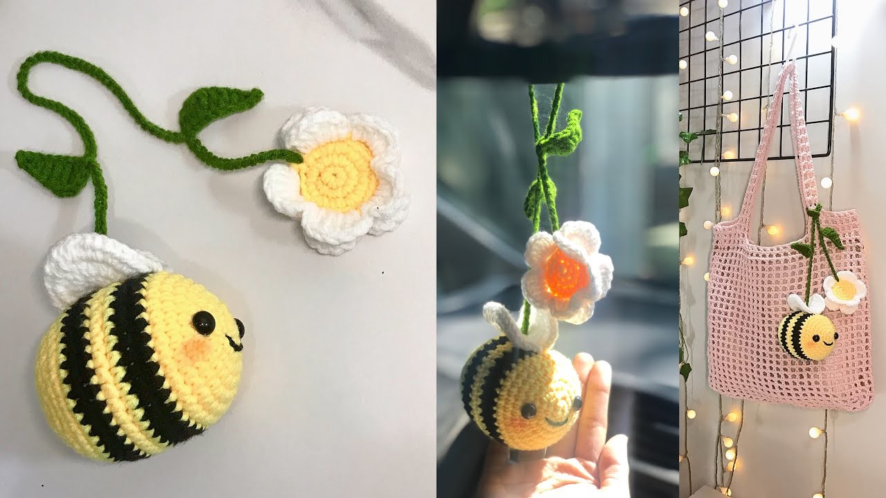 Crochet car mirror hanging tutorial | ????Bee and flower???? | crochet bag accessory