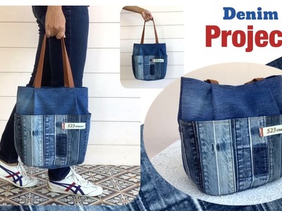 Diy a denim tote bag tutorial, sewing diy a tote bag from old jeans,denim projects,old jeans reuse.